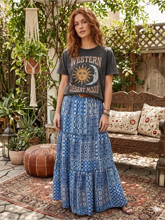 Dresses & Skirts - Bohemian Tile-Print Maxi Skirt - Blue